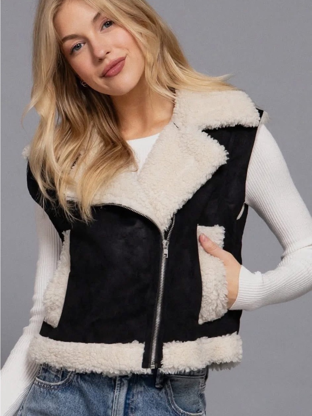 Womens Black Faux Suede Shearling Vest with Cream Trim